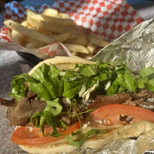 Gyro with hot, fresh fries. Such green lettuce and ripe tomatoes.