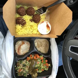 Vegetarian Plate. $12.99, to-go because there was no seating available at 12noon. falafel and rice on salty side for my taste, but good.