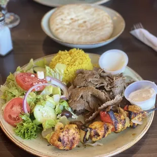 Chicken and Gyro kabob with Greek salad and rice