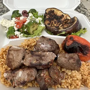 Lamb plate, eggplant, greek salad