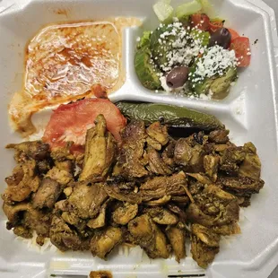 The chicken tasted old and over seasoned. The hummus was watery, and the salad was also over seasoned. Don't waste your money.