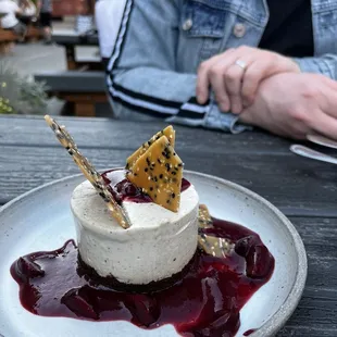 sesame mousse w cherry sauce