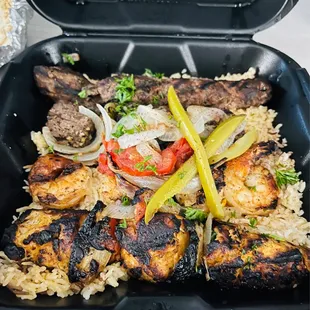Mixed grill 4 skewers platter( top to bottom: kafta, beef, shrimp and chicken) ( 4 pieces/skewer) with rice/ vermicelli