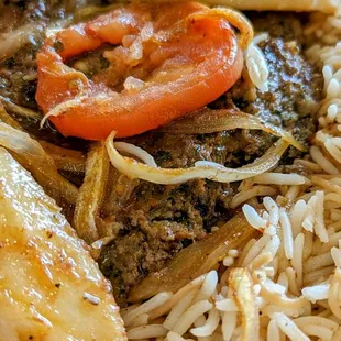 Kafta Bel Batata (baked ground beef, potatoes, tomatoes, onions, with rice).