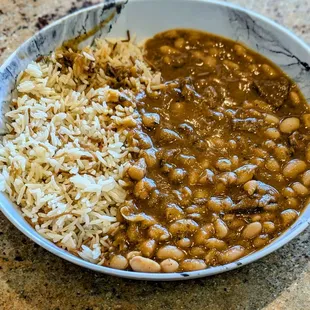 Lebanese Fasolia w Riz, (red beans with beef and rice).  Dish of the day special.