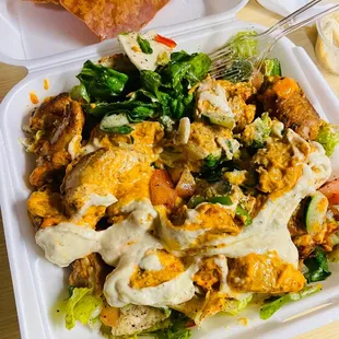 Spicy Chicken Fattoush Salad with 2 extra garlic sauces.