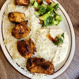 Chicken Kebab plate w cucumber salad and hummus