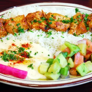 chicken skewers and rice