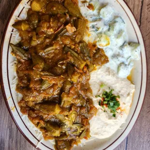 Okra plate w hummus and cucumber yogurt