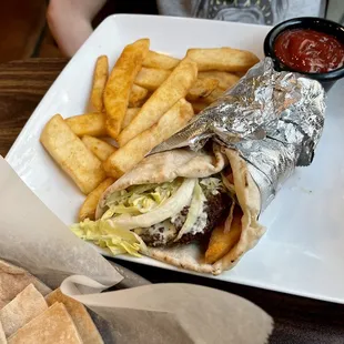 Falafel sandwich and fries.