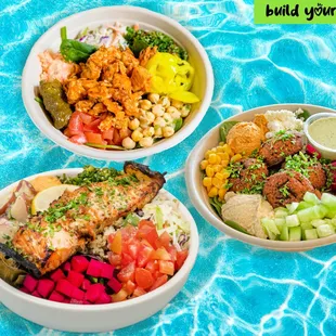 Our summer bowls! Salmon, chicken &amp; falafel