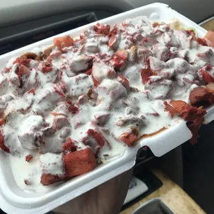 a hand holding a tray of food