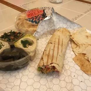 Falafel wrap, pita, and H,T,BG, &amp; GL sample platter... Awesome!