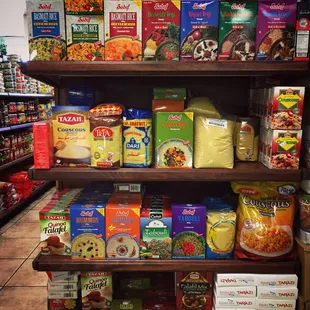 a variety of food items on shelves