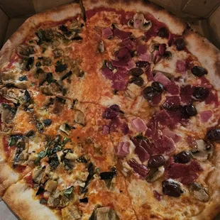 Brick Oven Pizza  Eggplant, Caprese. Ready in 15. Nice charred crust. Bountiful toppings.