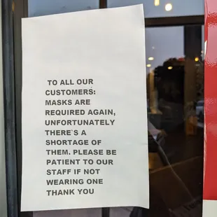 Ridiculous excuse. They sell masks at the Publix across the parking lot. Everyone except 1 waiter was unmasked. I don&apos;t like dishonesty.