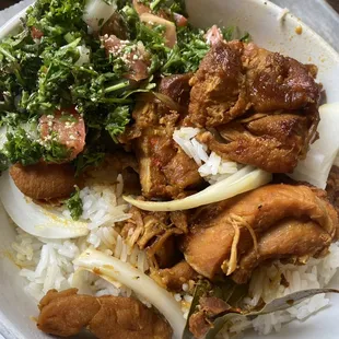 Chicken Adobo rice with Tabouli Salad (They we&apos;re out of collards and I asked for extra sauce)