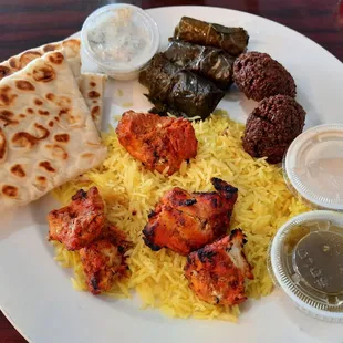 Chicken Kabob Platter with falafel and grape leaves