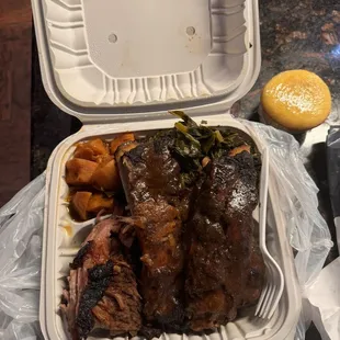 2 Meat Combo - Delivery Ribs, brisket, Collard Greens, and candied yams