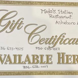 We have gift certificates available for any amount!