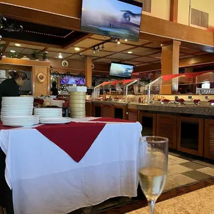 Omelette and eggs to the left, buffet on the right.