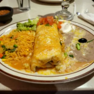 Burrito ranchero with rice and beans