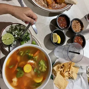 Shrimp Soup, chips and salsa