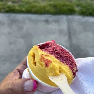 Half mango sorbet / half mixed berry