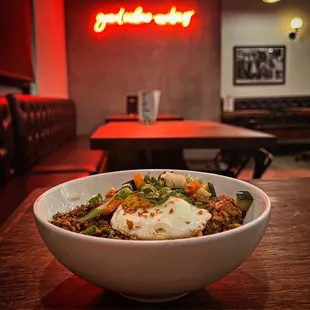 a bowl of food on a table