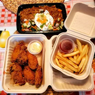 ($12) Nasi Goreng (Indonesian Fried Rice), $15 Turmeric Fried Chicken (6pcs) &amp; Free Fries (Yelp Check-in) for dinner, delicious!