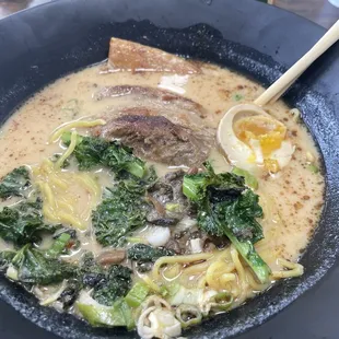 Spicy black garlic ramen. Not very spicy, full of creamy broth flavor.