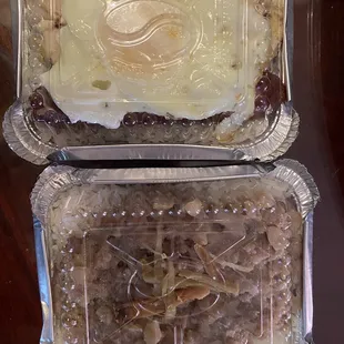 Take out - ham yu nyuk bian (salted fish pork patty rice) and san bo fan (sausage, salt chicken and fried egg rice)