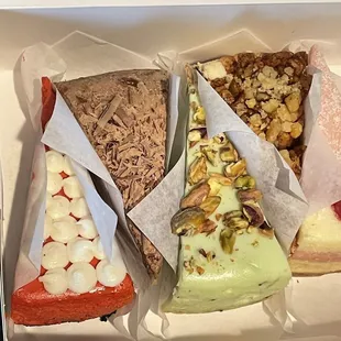 Red Velvet, Mocha, Pistachio, Apple Crunch, Raspberry White Choco and Strawberry Shortcake