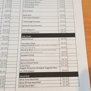 Sushi menu