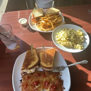 BLT w/ fries, mac n cheese, breakfast sandwich w/ hashbrowns