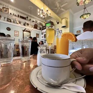 Awesome coffee with cup and chipped saucer just like at grandmas. Oh, and the grown-up mimosa.