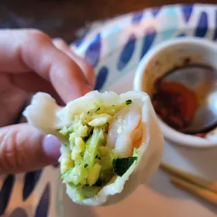 Inside of the zucchini, shrimp, and egg dumplings. Our favorite of the night!!