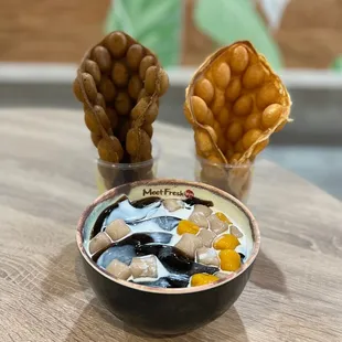 Matcha Egg Waffle, Original Egg Waffle, Icy Grass Jelly Signature