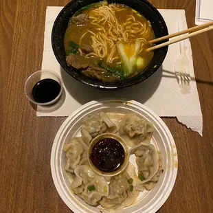 Steak noodles up top (flavorful and tender beef), and pork and chive dumplings with chili oil.