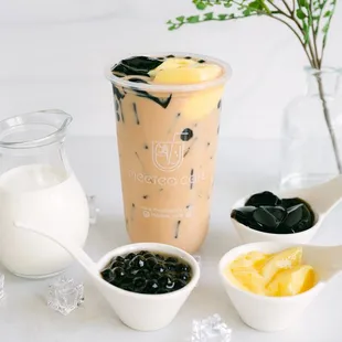 Milktea with Boba, Glass Jelly, Pudding