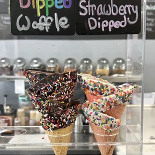 Try some of our Dipped Waffle Cones (prepared regularly in-house)!