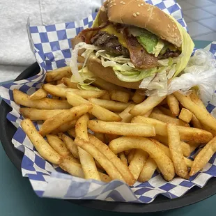 Avocado burger and fries