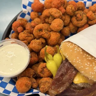 Bacon avocado cheeseburger with fried mushrooms