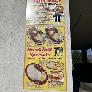 Specials menu and prices Monday through Friday 6:00am-9:00am