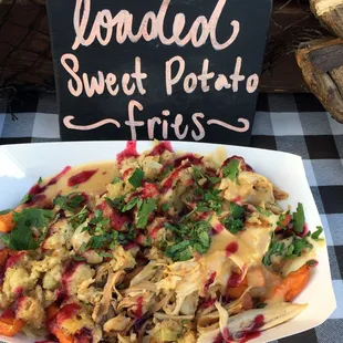 Loaded sweet potato fries in honor of Thanksgiving