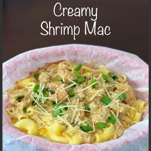 a bowl of creamy shrimp mac