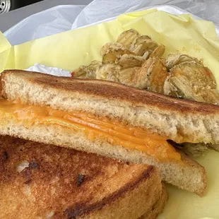 Basic grilled cheese sandwich &amp; Fried Pickles. Rating 0/5.
