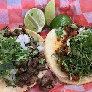 Mexican style tacos with cilantro, onion, lime