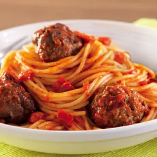 a bowl of spaghetti and meatballs