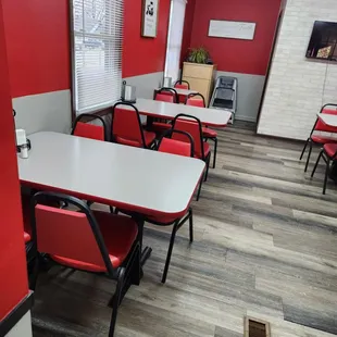 a red and white dining room